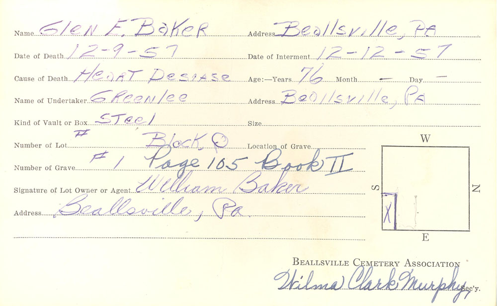 Glen E. Baker burial card